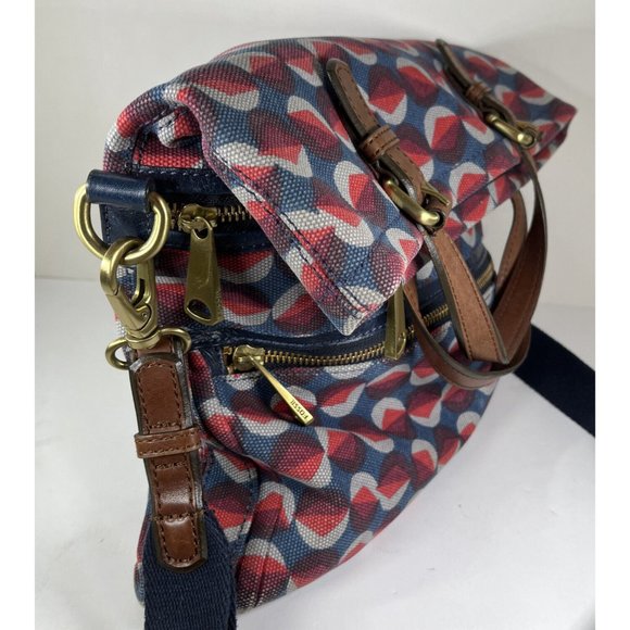 Fossil Explorer Geometric Fabric with Leather Trim Crossbody Shoulder Bag - Picture 4 of 12